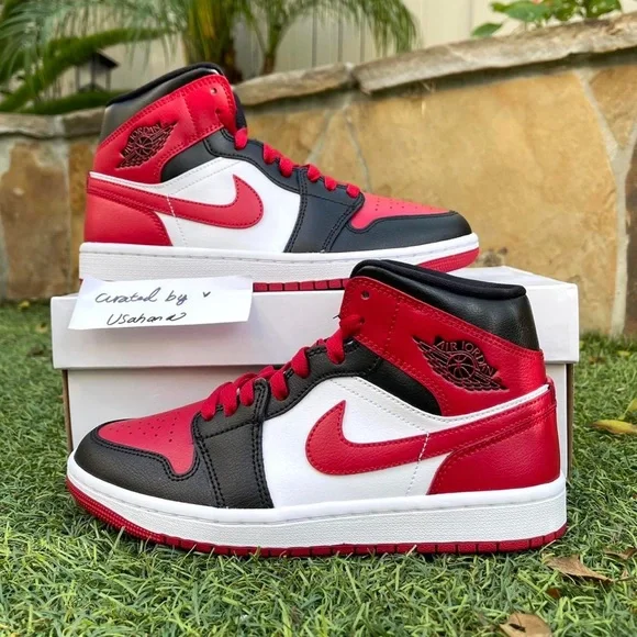 Women’s Nike Air Jordan 1 mid retro white black Red Bull bred shoes (big kids) - Picture 2 of 4